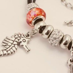 Multi-Strand Bracelet (Black); Silver Charm; Beads